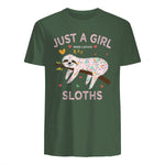 Funny Just a Girl Who Loves Sloths T-Shirt Sloths Lover Gift in Military Green - back view