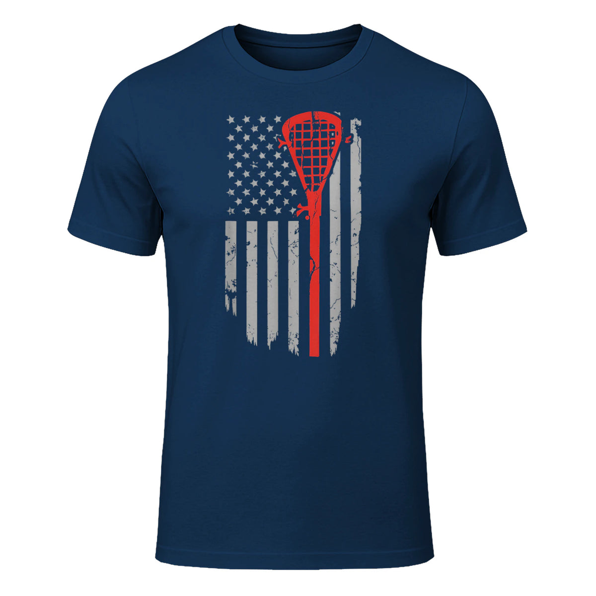Vintage American Flag Lacrosse Youth Apparel, Boys Men USA T-Shirt in Navy - front view