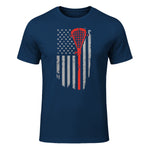 Vintage American Flag Lacrosse Youth Apparel, Boys Men USA T-Shirt in Navy - front view