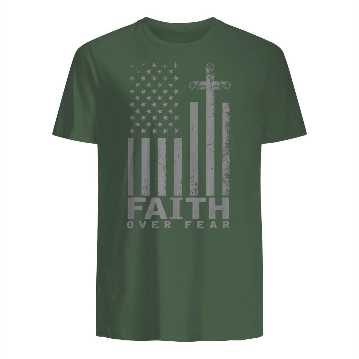 America Pride US Flag Faith Over Fear Prayer T-Shirt in Military Green - back view