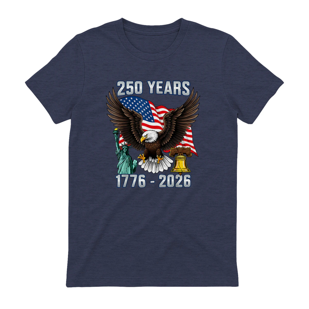 American Flag Fourth of July Anniversary T-Shirt in Heather Navy - back view