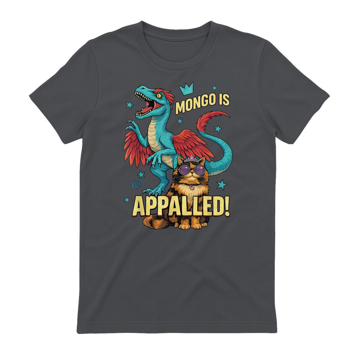 Retro Mongo is Appalled Princess Cat Riding Dinosaur Womens T-Shirt in Charcoal - back view