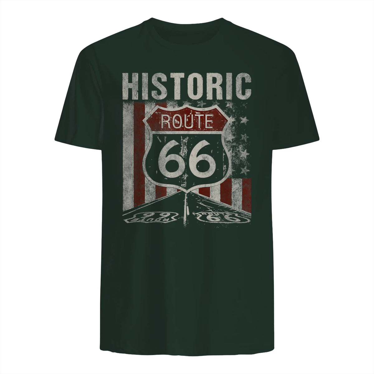 Historic USA Route Sixty-Six Highway Road Sign T-Shirt in Forest Green - back view