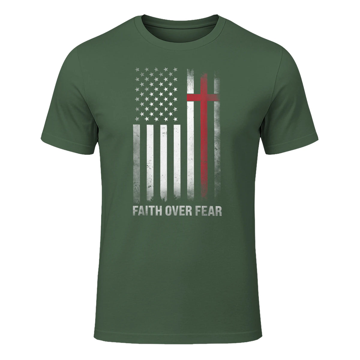 Christian US USA Flag American Christ Faith Over Fear Cross T-Shirt in Military Green - front view