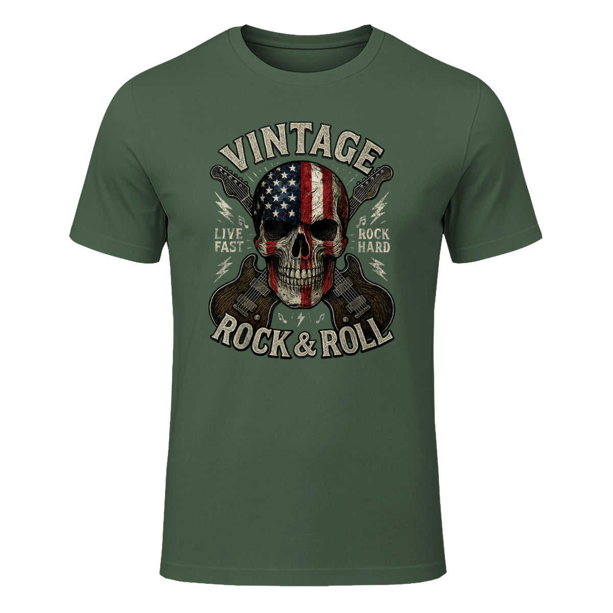 Vintage Rock Skull American Flag Guitar Retro Rock and Roll T-Shirt in Military Green - front view