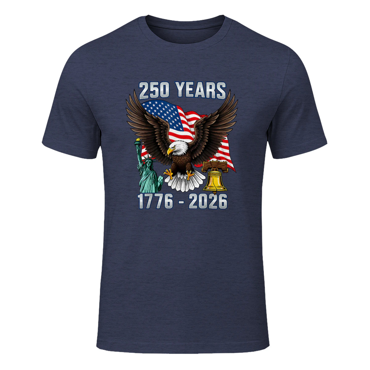 American Flag Fourth of July Anniversary T-Shirt in Heather Navy - front view