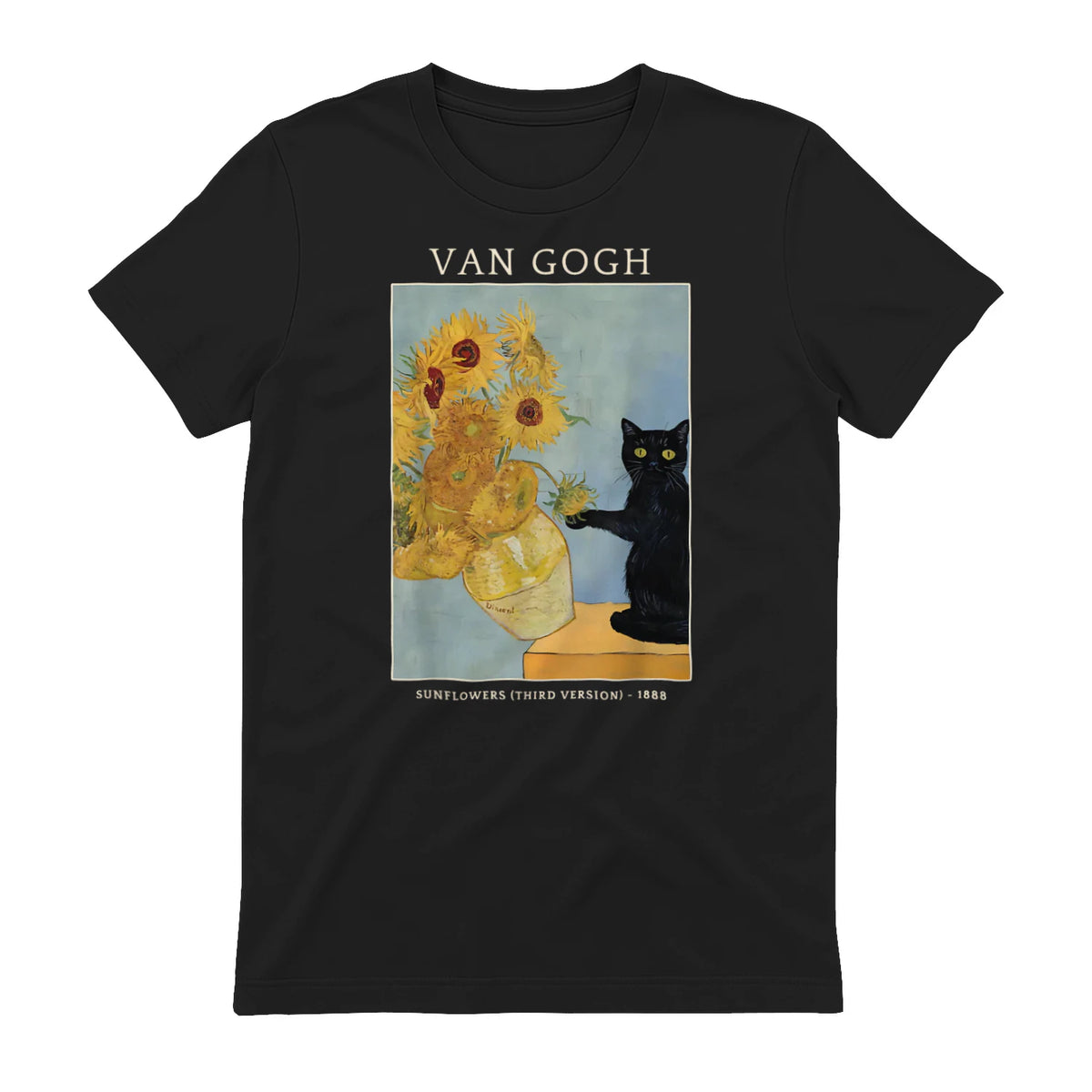 Funny Cat & Sunflowers Van Gogh Art Parody Vintage T-Shirt in Black - back view