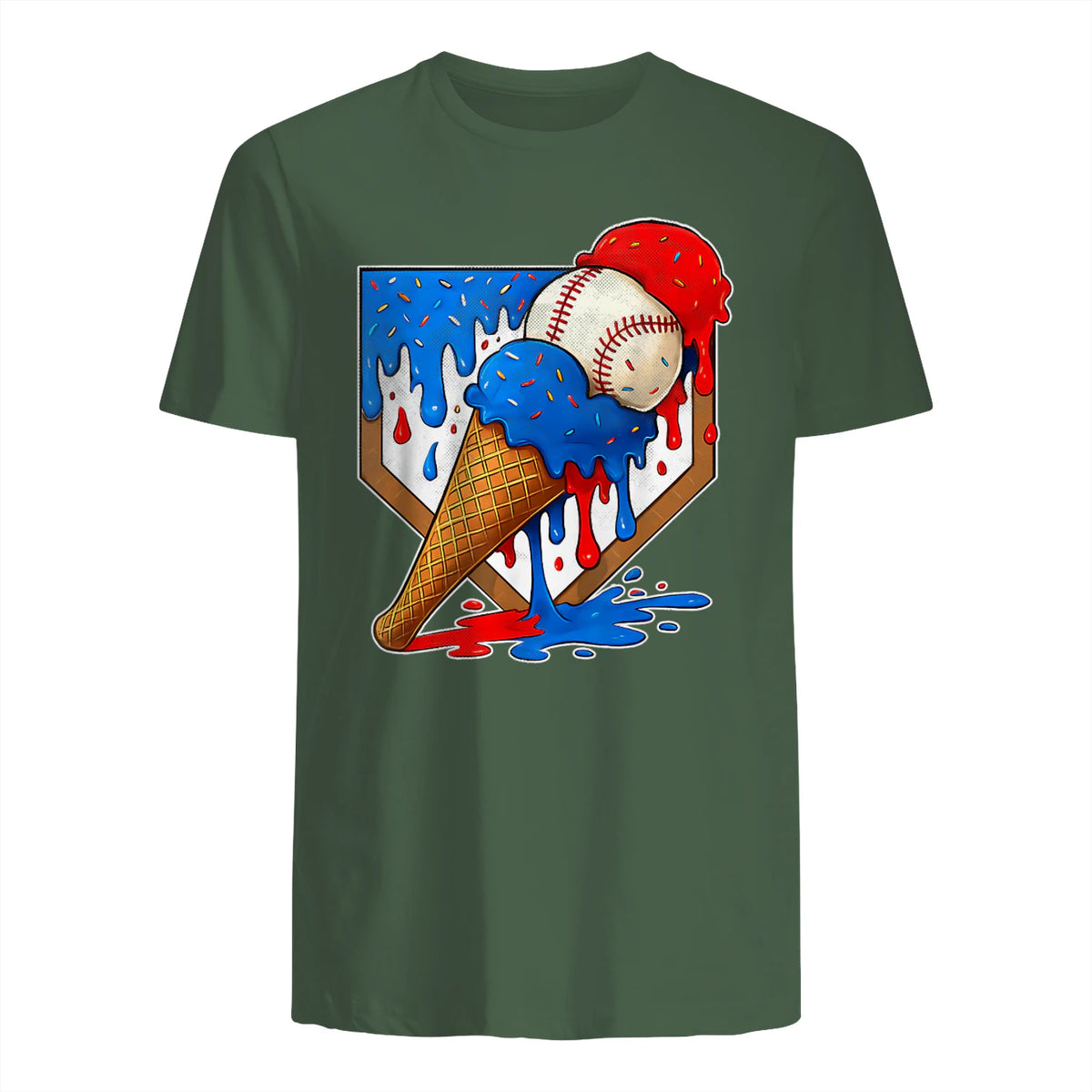 Distressed Baseball Boys Ice Cream Drip Baseball Boys Youth T-Shirt in Military Green - back view