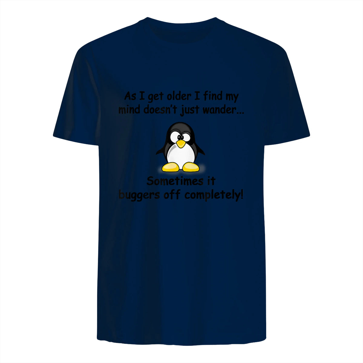 Funny silly penguin t-shirt mens ladies retirement gift in Navy - back view