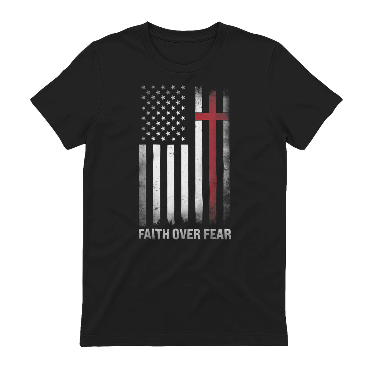 Christian US USA Flag American Christ Faith Over Fear Cross T-Shirt in Black - back view