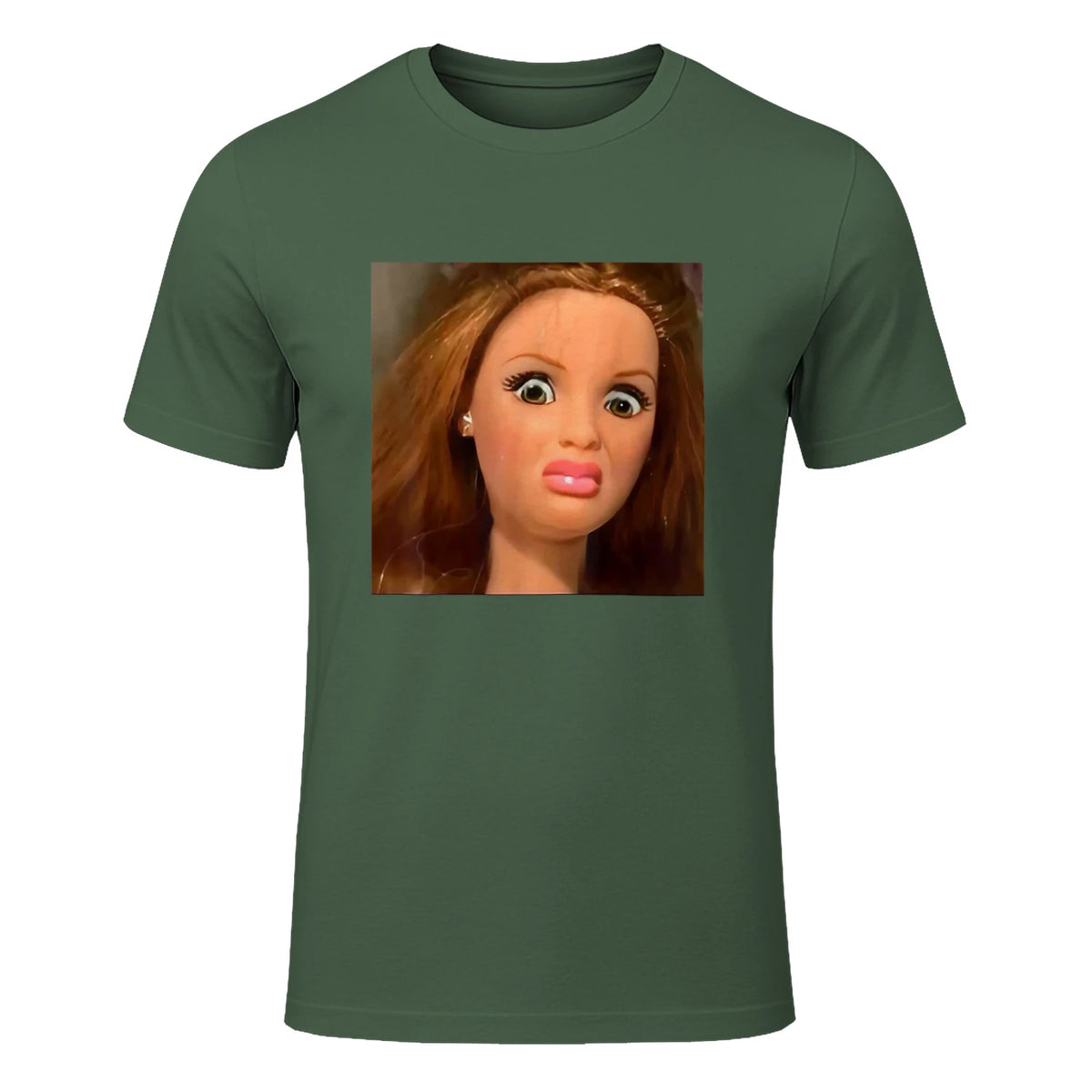 Funny Doll Face Meme Expression Hilarious Sarcastic in Military Green - front view
