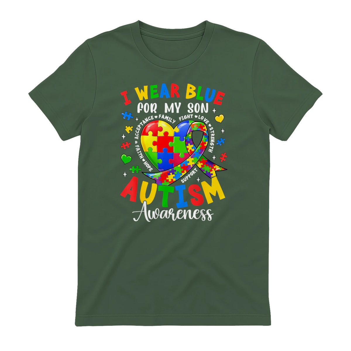 I Wear Blue for My Son Autism Awareness for Women Autism Mom in Military Green - back view