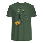 Cat Artwork - Flowers Art Cat Motif Animal Cat T-Shirt in Military Green - back view