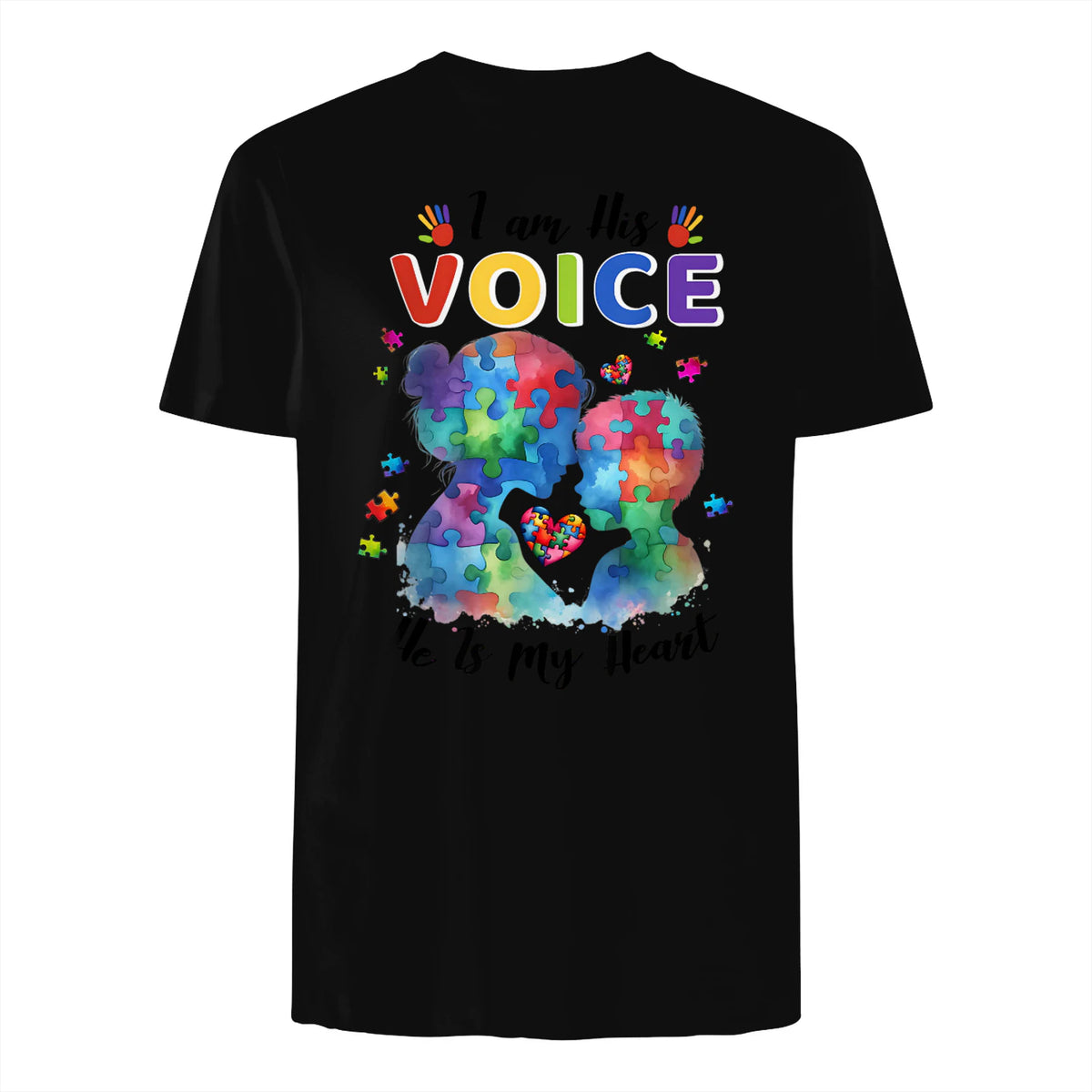 I Am His Voice He Is My Heart Autism Awareness Mom Son in Black - back view