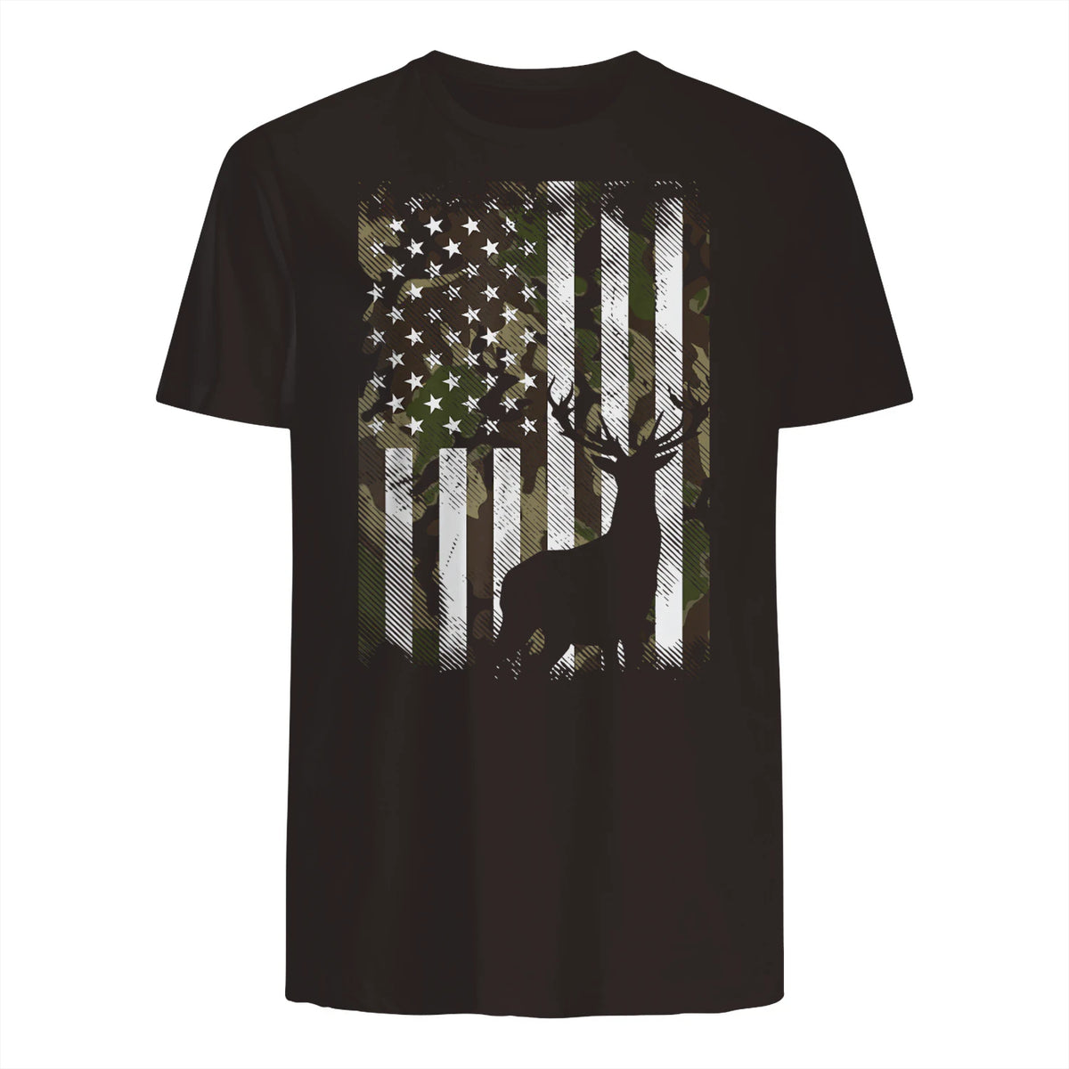 Camo US Flag Deer Elk Buck Camoflage Hunting Hunter Dad Gift Short Sleeve in Dark Chocolate - back view