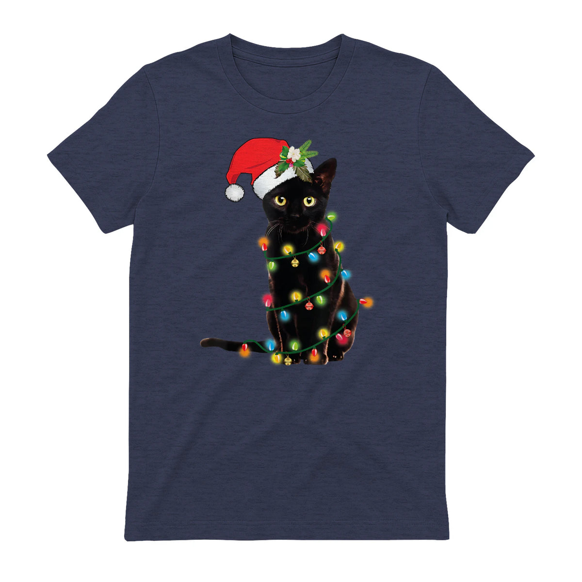 Santa Black Cat Tangled Up In Christmas Tree Lights Holiday in Heather Navy - back view