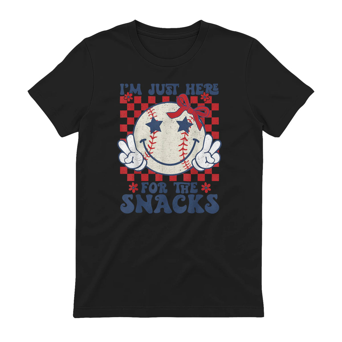 Retro Baseball Sister I'm Just Here for The Snacks Girls Mom T-Shirt in Black - back view