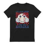 Retro Baseball Sister I'm Just Here for The Snacks Girls Mom T-Shirt in Black - back view