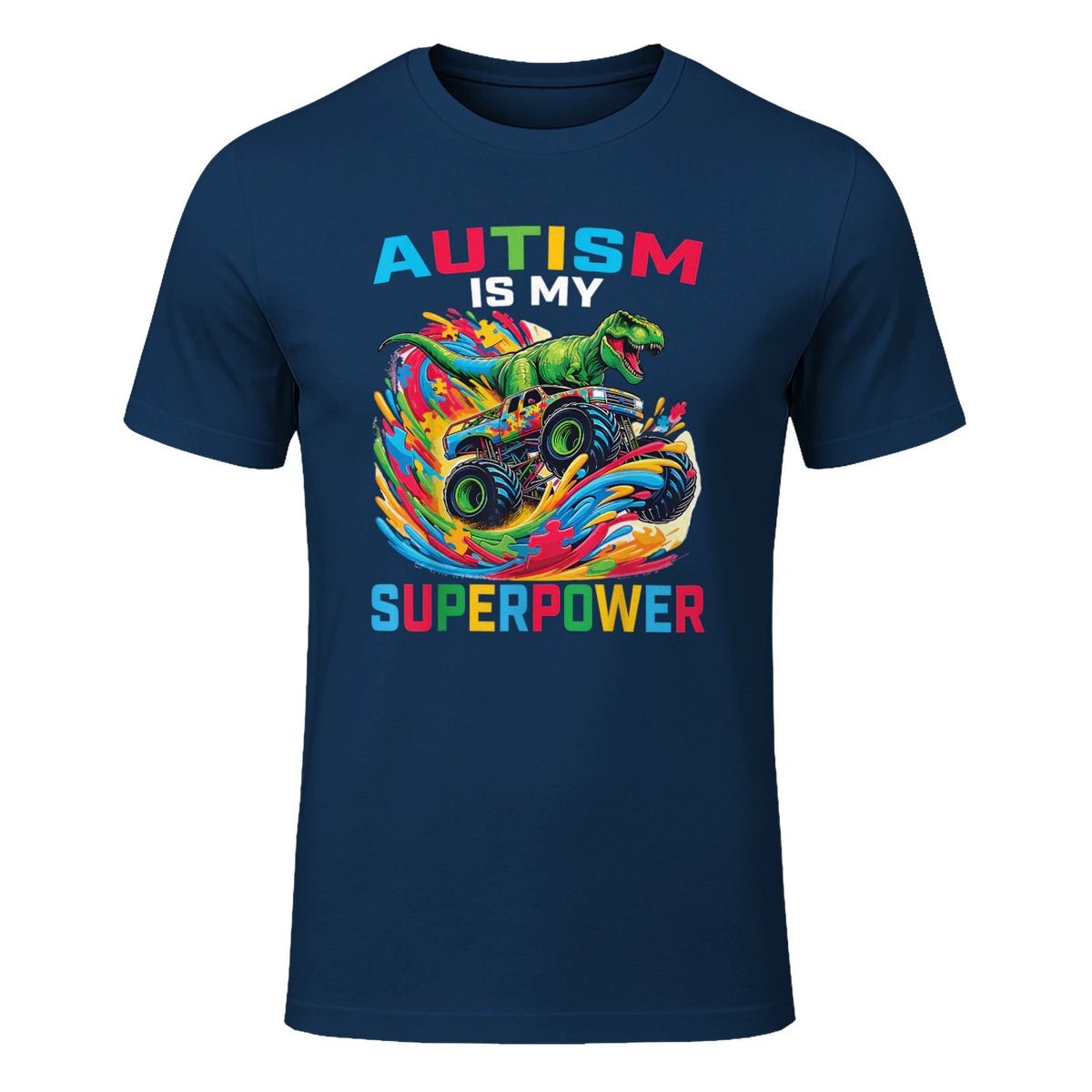 Autism is My Superpower Dino T Rex Monster Truck Kids Boys in Navy - front view