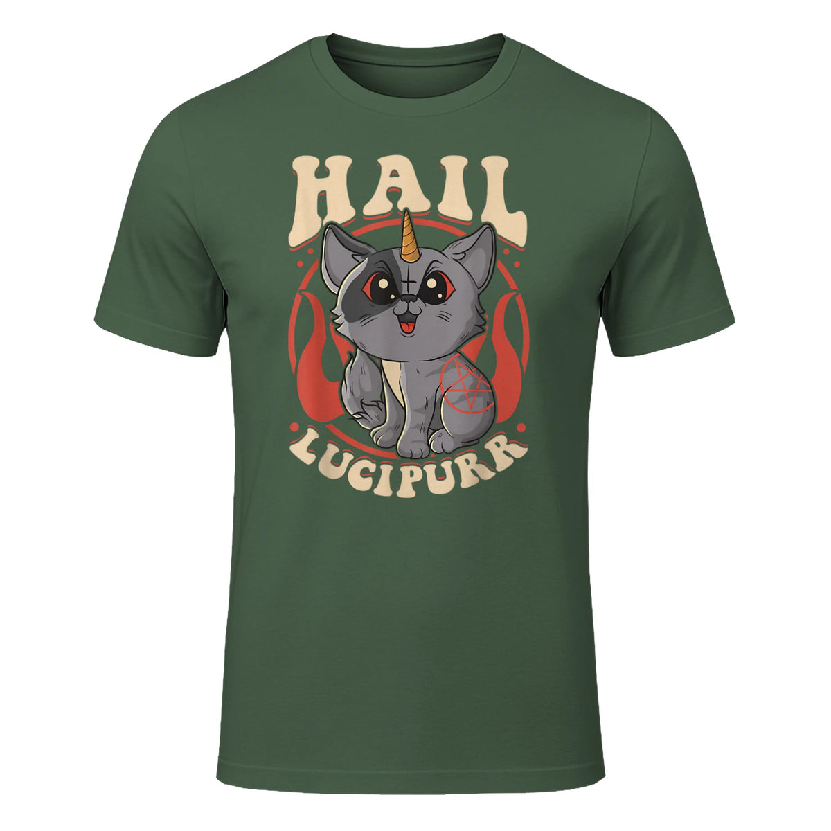 Cute & Funny Satanic Hail Lucipurr Rainbow Kitty Goth in Military Green - front view
