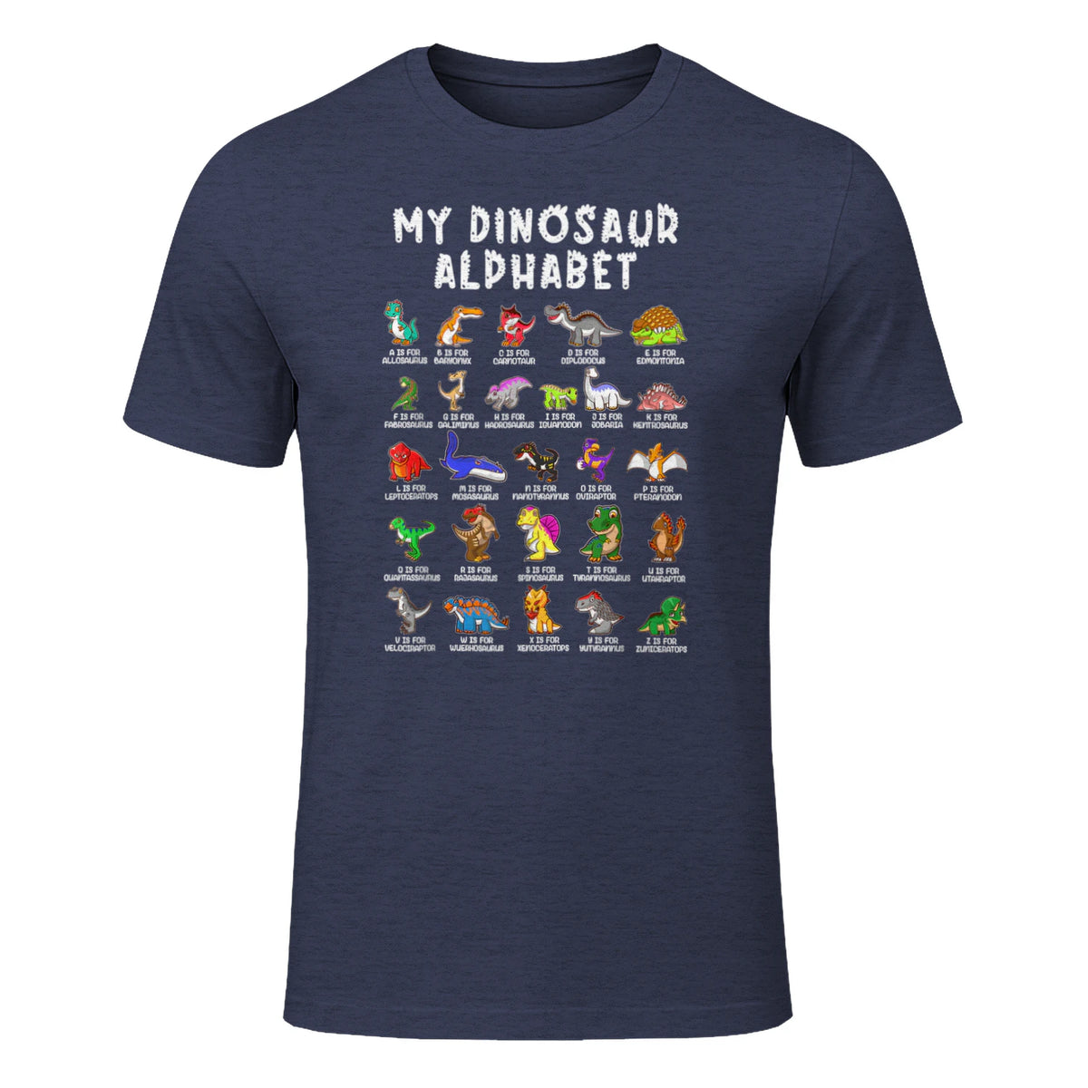 Types Of Dinosaurs Alphabet Dino Identification T-Shirt in Heather Navy - front view