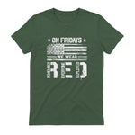 On Friday We Wear Red American Flag Military Supportive T-Shirt in Military Green - back view