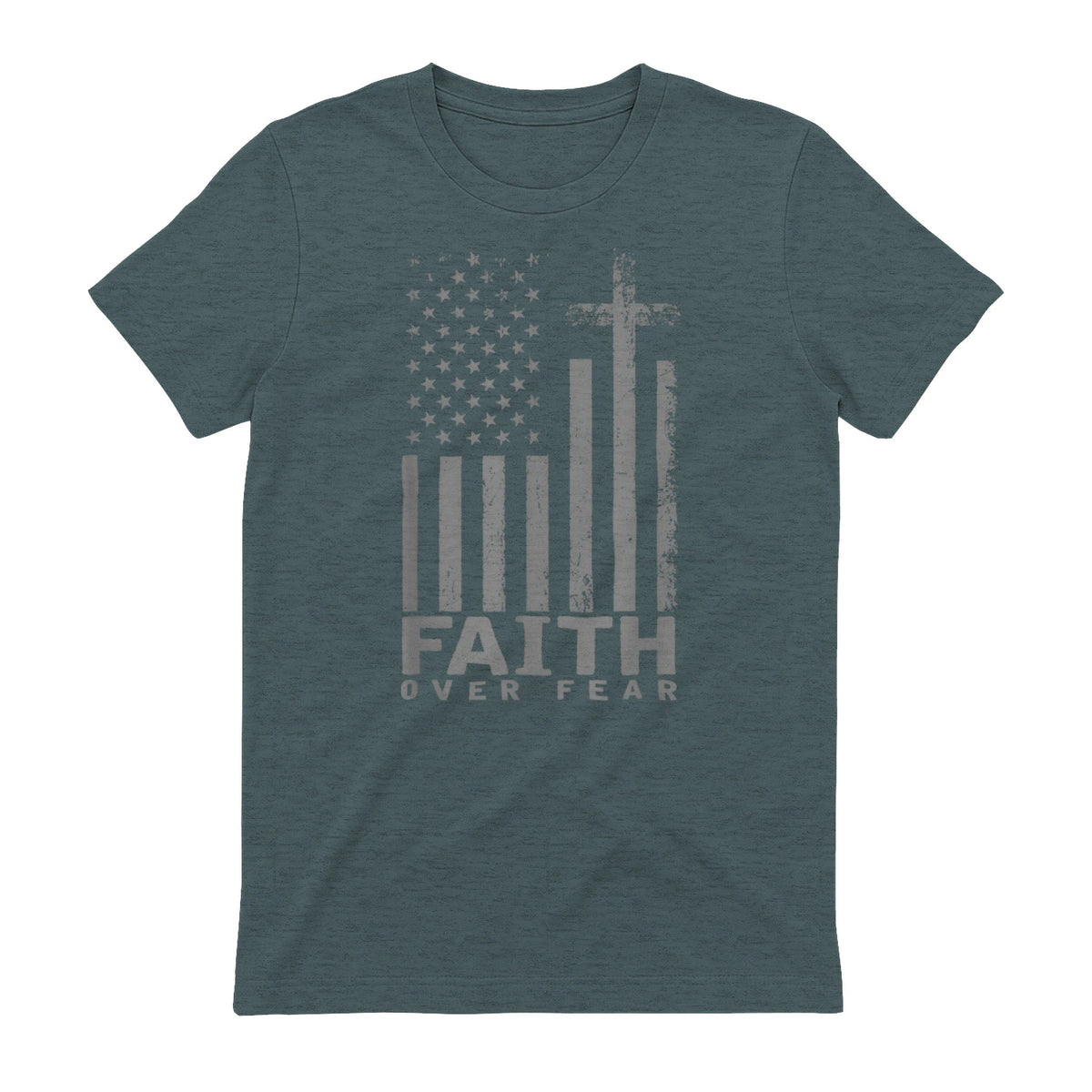 America Pride US Flag Faith Over Fear Prayer T-Shirt in Dark Heather - back view