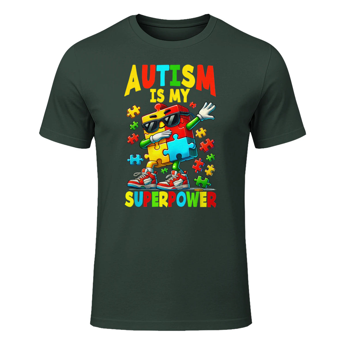 Puzzle Autism Awareness Autistic Support in Forest Green - front view