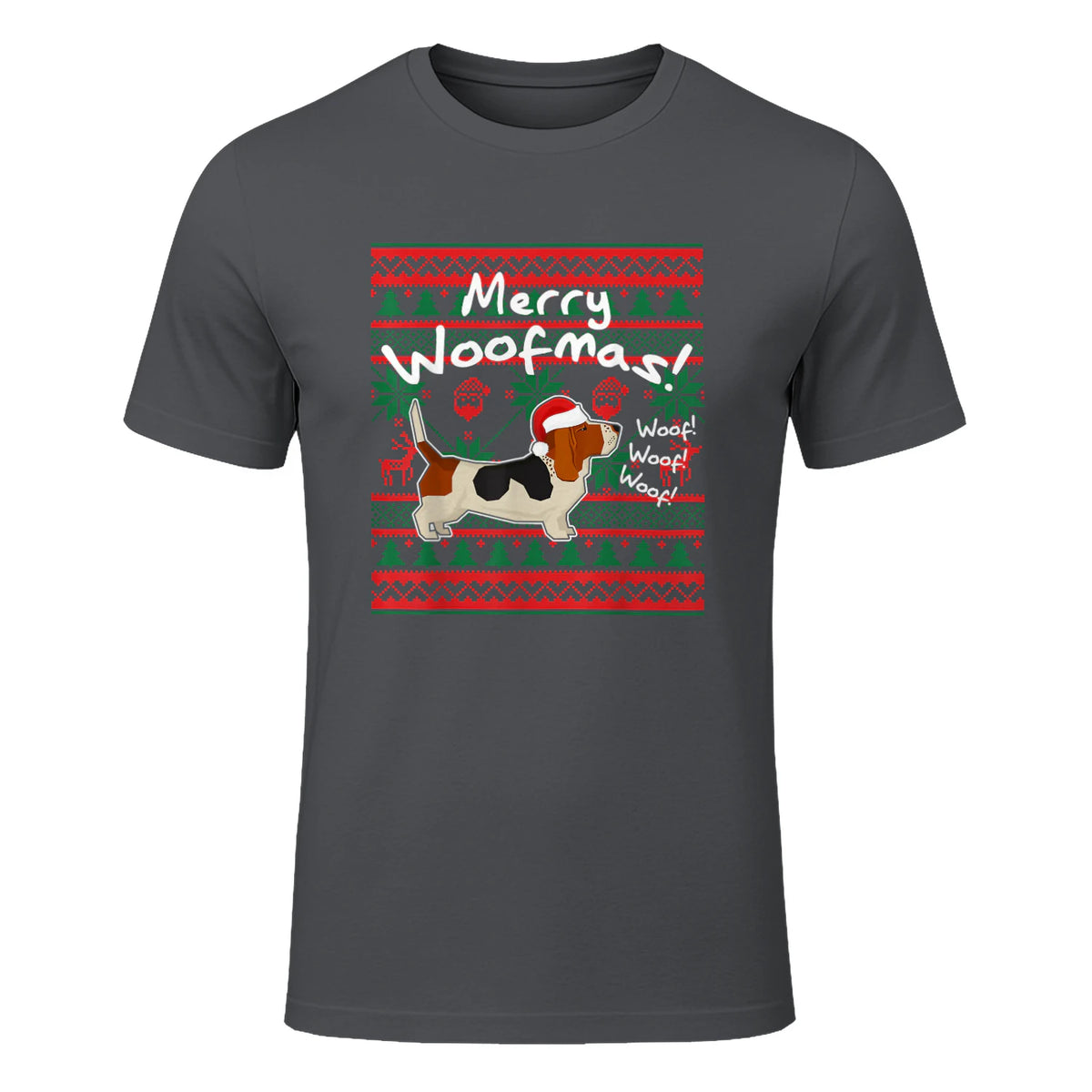 Basset Hound Chemise de Noël Merry Woofmas Père Noël Chien in Charcoal - front view