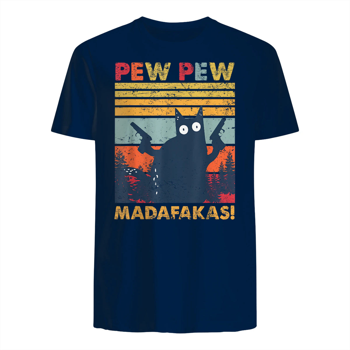 Pew Pew Madafakas Vintage verrückte Katze lustige Grafik in Navy - back view