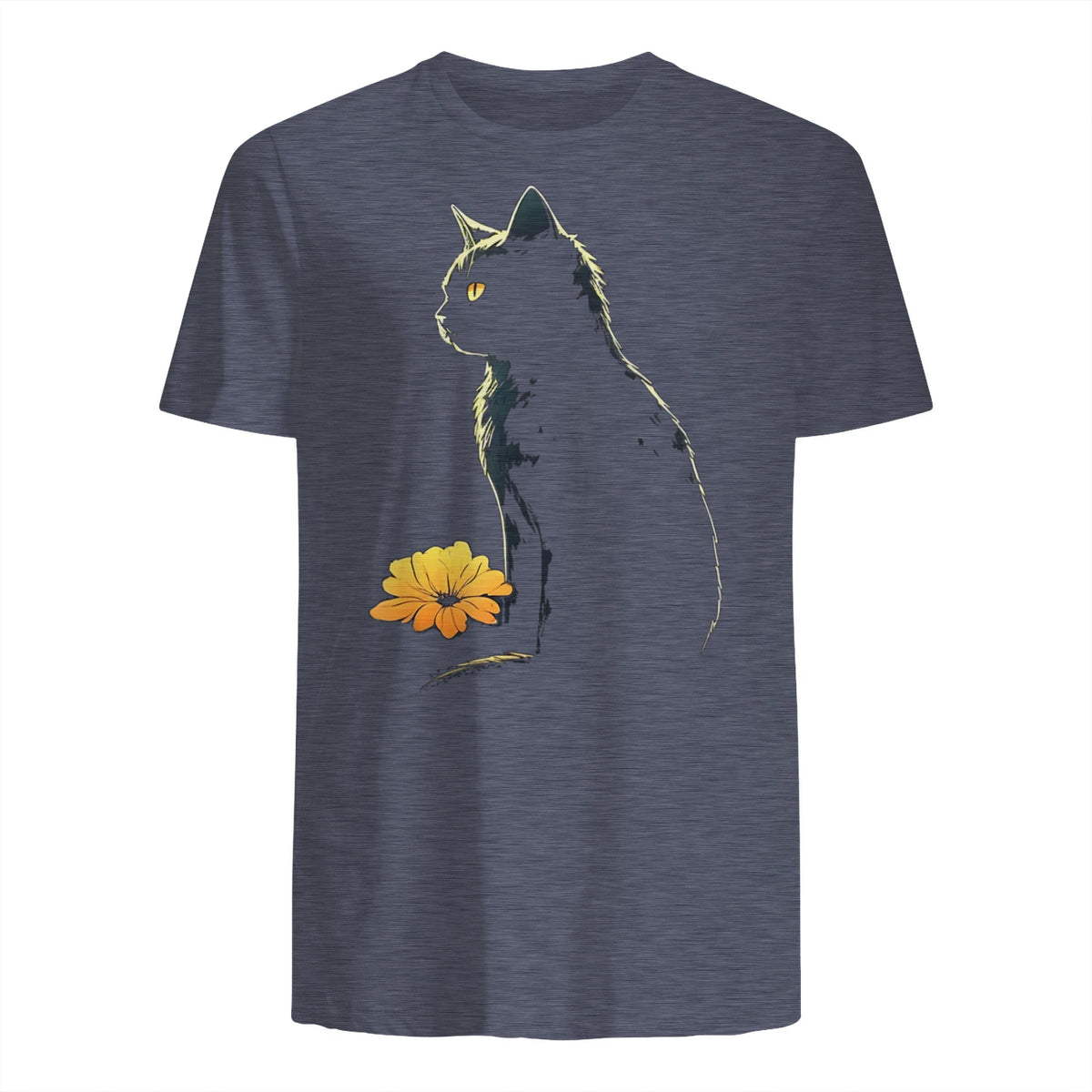 Cat Artwork - Flowers Art Cat Motif Animal Cat T-Shirt in Heather Navy - back view