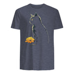 Cat Artwork - Flowers Art Cat Motif Animal Cat T-Shirt in Heather Navy - back view
