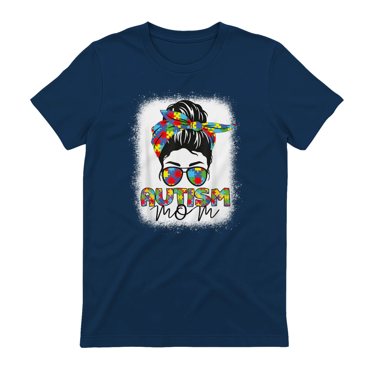Autism Mom Life Messy Bun T-Shirt in Navy - back view