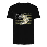 Fishing Camouflage US American Flag Bass Fish Fisherman Camo T-Shirt in Black - back view