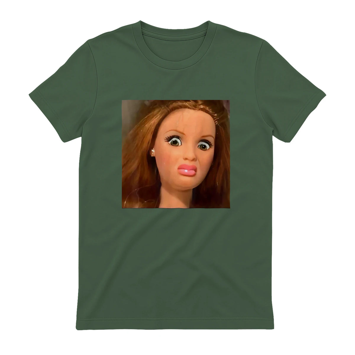 Funny Doll Face Meme Expression Hilarious Sarcastic in Military Green - back view