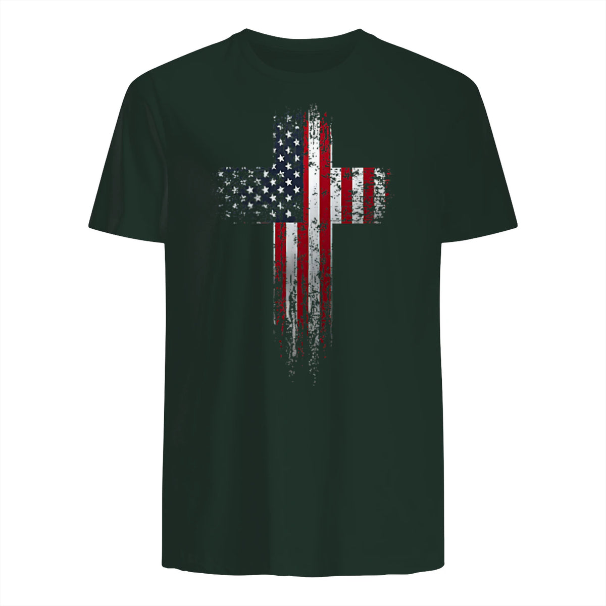 American USA Flag Christian Cross T-Shirt in Forest Green - back view
