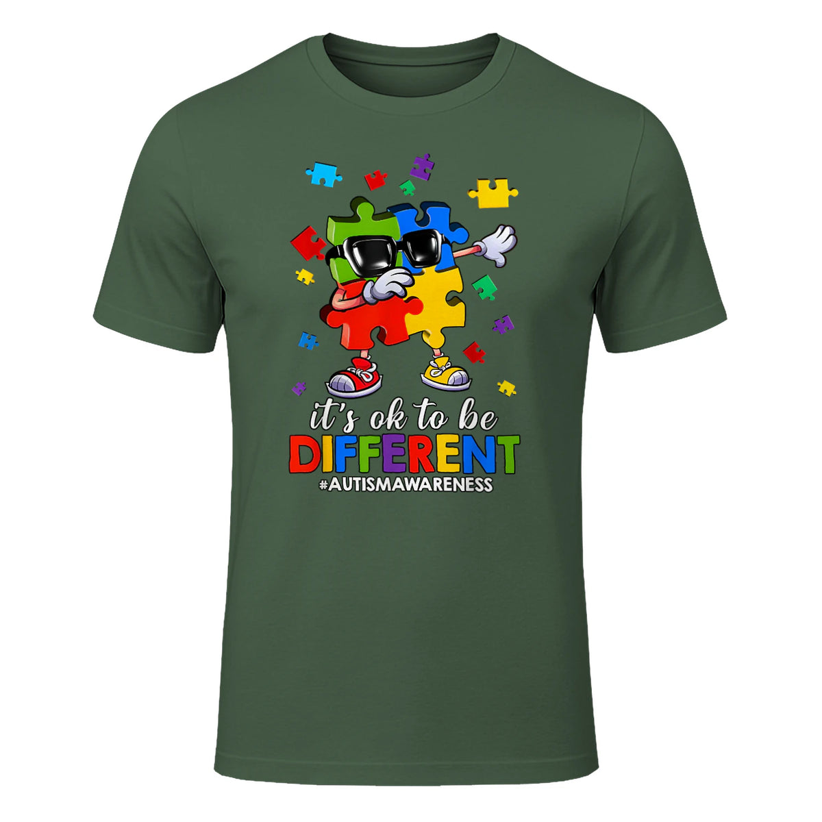 It's OK to Be Different Dabbing Puzzle Autism Awareness Kids in Military Green - front view