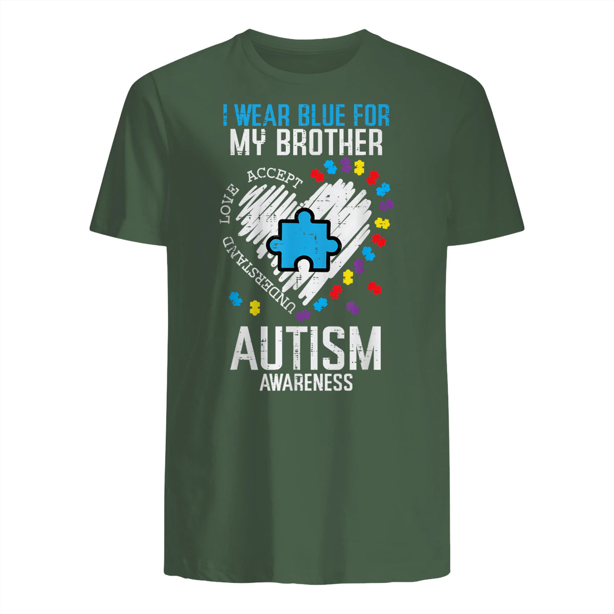 Blue for My Brother Autism Awareness Family Sister Sibling in Military Green - back view