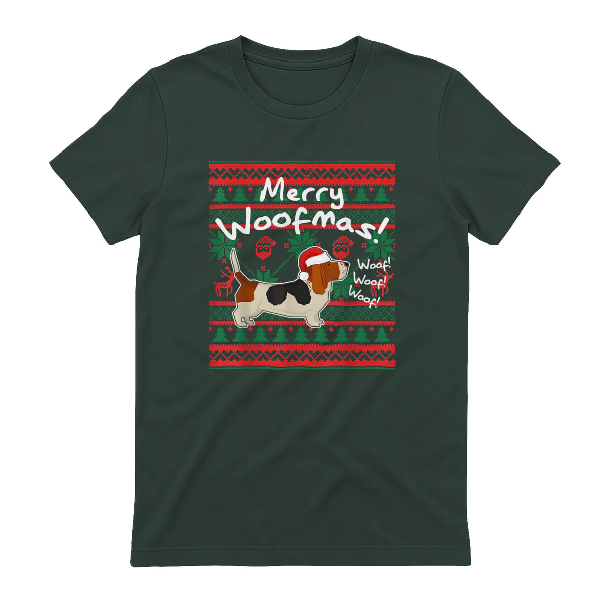 Basset Hound Chemise de Noël Merry Woofmas Père Noël Chien in Forest Green - back view