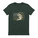Fishing Camouflage US American Flag Bass Fish Fisherman Camo T-Shirt in Forest Green - back view