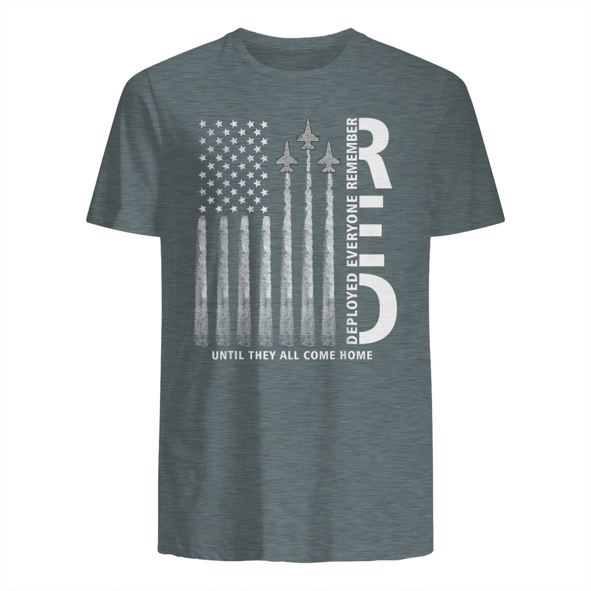 Remember Everyone Deployed RED Friday Military American Flag T-Shirt in Dark Heather - back view