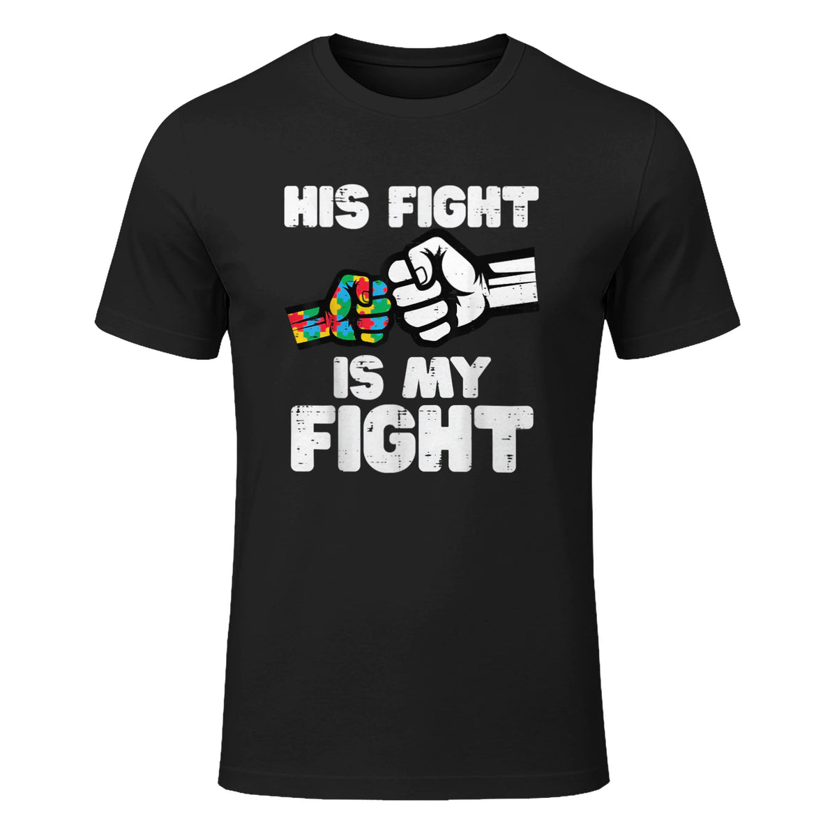 Autism His Fight is My Fight ASD Awareness Dad Mom Men Women in Black - front view