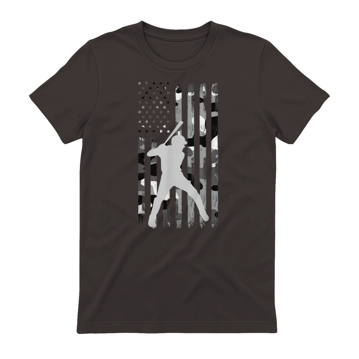 Baseball Player American Flag USA Camo Patriotic Graphic T-Shirt in Dark Chocolate - back view