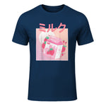 Funny Retro Nineties Japanese Kawaii Strawberry Milk Shake Carton T-Shirt in Navy - front view
