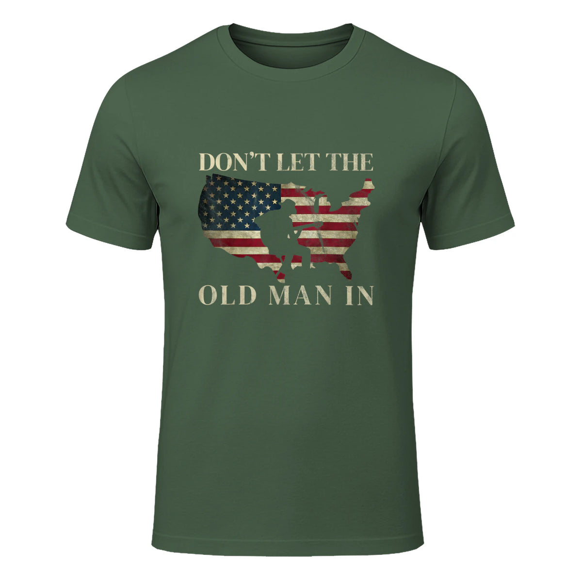 Don't Let The Old Man in Vintage American Flag T-Shirt in Military Green - front view