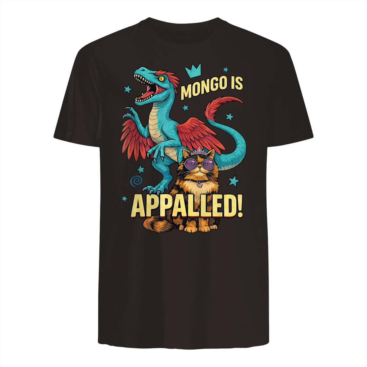 Retro Mongo is Appalled Princess Cat Riding Dinosaur Womens T-Shirt in Dark Chocolate - back view