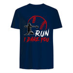 Run Steal I Dare You Humor Baseball Catcher Vintage T-Shirt in Navy - back view