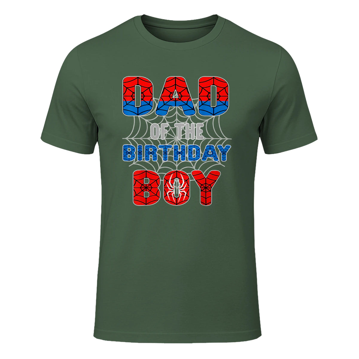 Birthday Boy Dad Spider Web T-Shirt in Military Green - front view