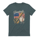 American Flag Baseball Player Bat Fan Catcher Pitcher USA T-Shirt in Dark Heather - back view