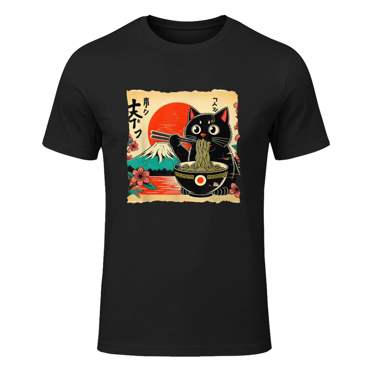 Cat Eating Ramen Japanese Ramen Cat Japan Anime Cat Ramen T-Shirt in Black - front view